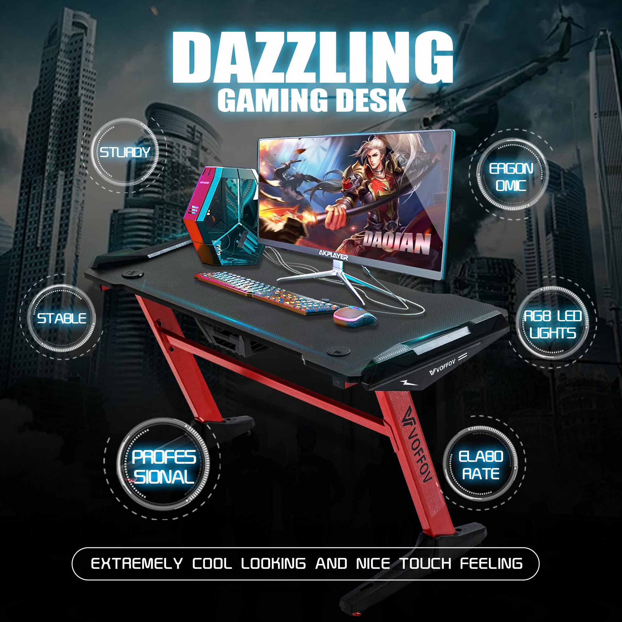 VOFFOV Gaming Desk w/ LED Lighting Red