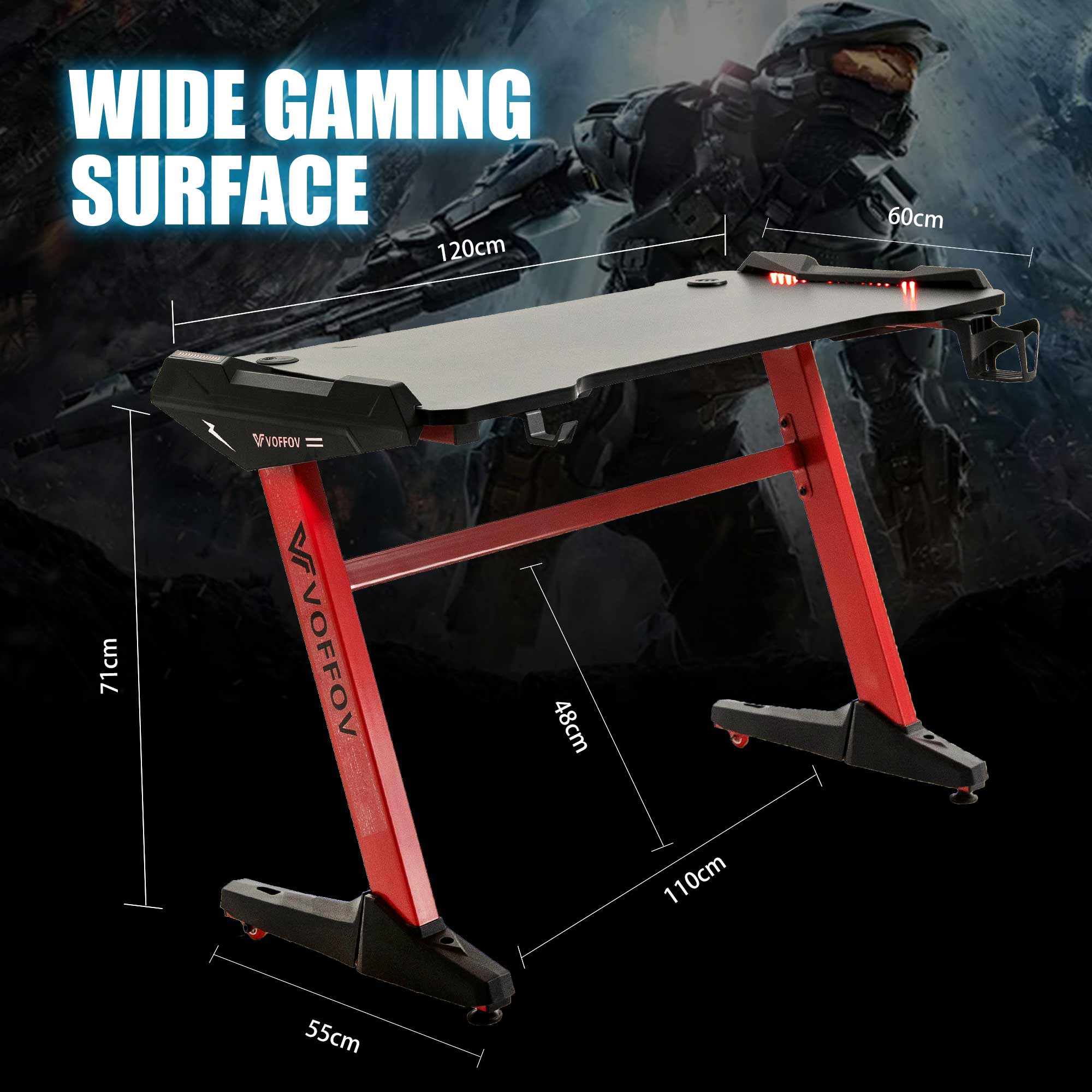 VOFFOV Gaming Desk w/ LED Lighting Red