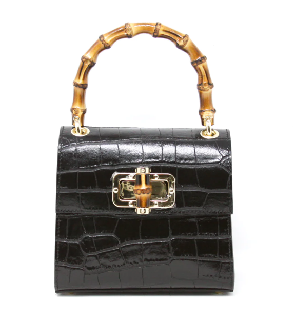 Black Leather Handbag with Bamboo Handle