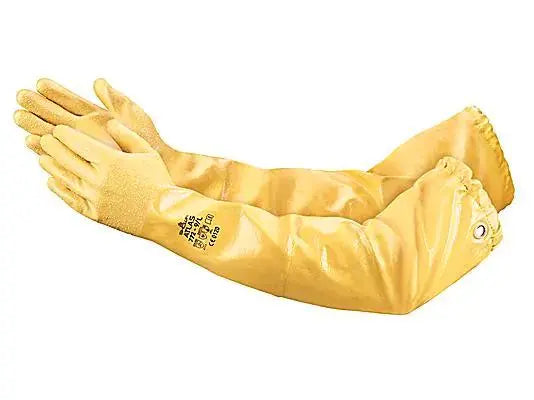 SHOWA - 12mil Nitrile Gloves with 26in Cuff Interlock Knit Cotton Lining, Yellow