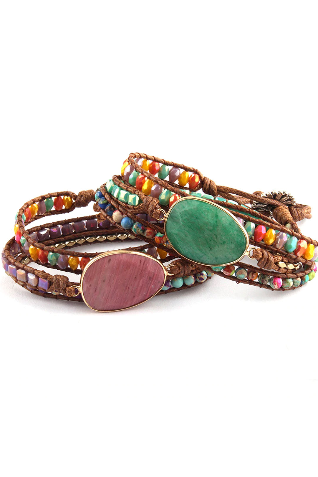 Boho Bracelet, RH 5 Layers Leather Wrap Bracelet,  Mixed Natural Stones & Crystal Stone Blue and Purple