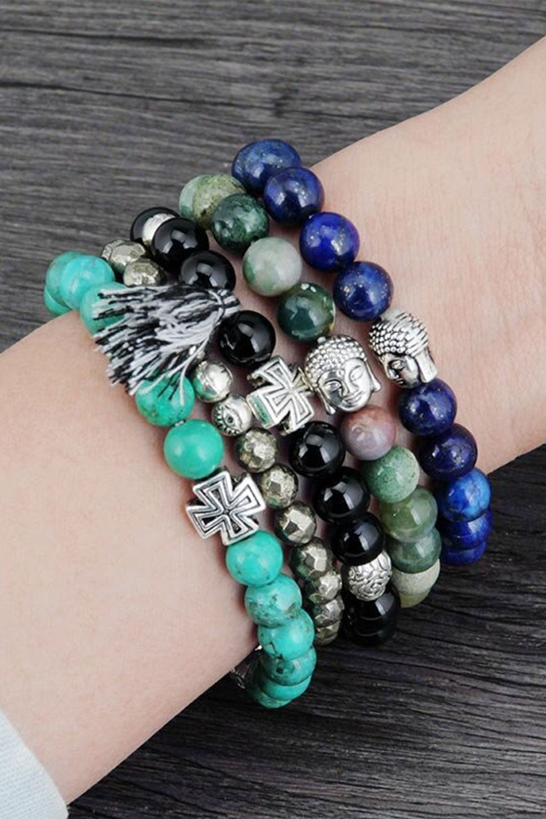 Boho Bracelet, Stretchy Bracelet, 8MM Blue Lapis Luzuli Antique Buddha