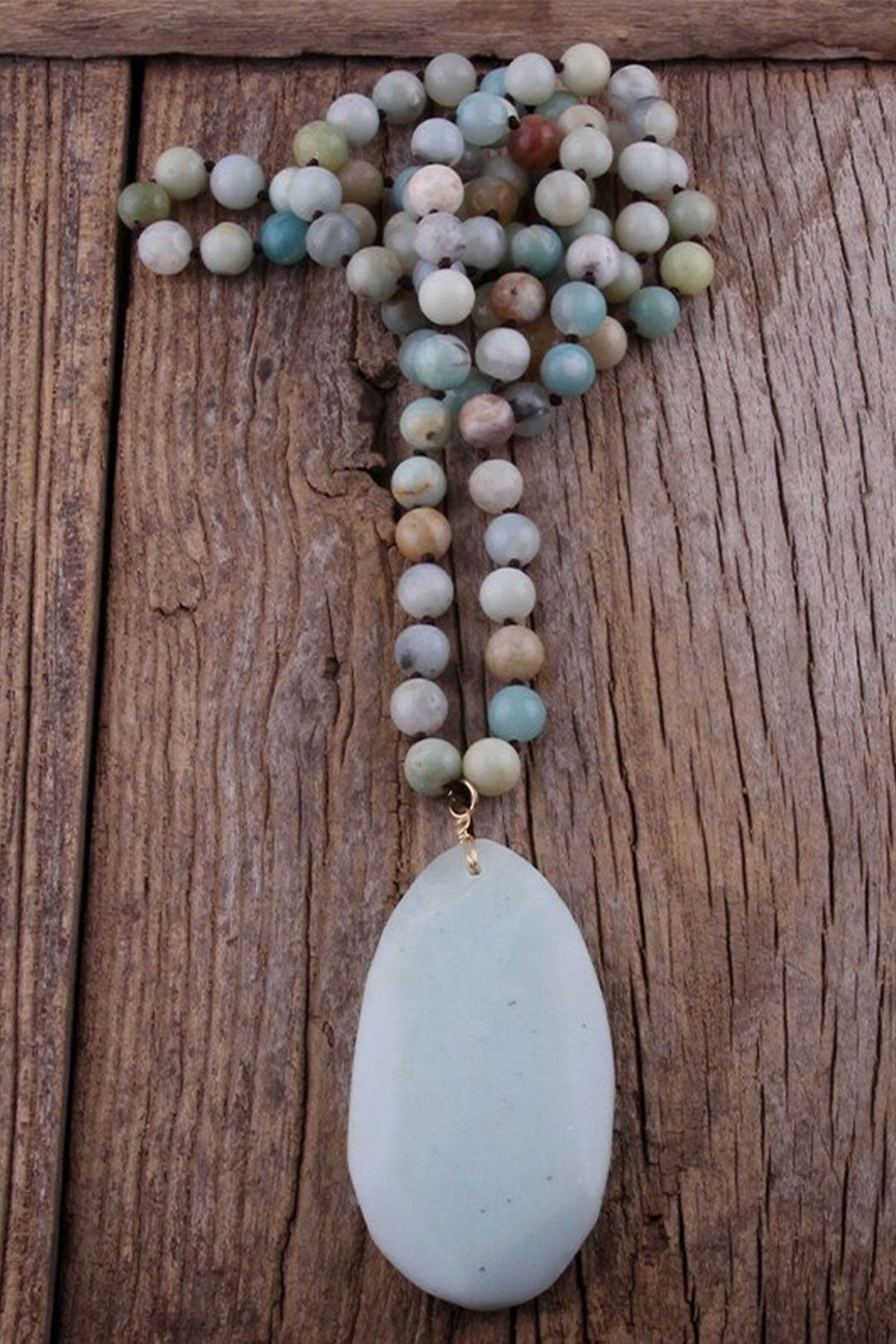 Boho Necklace, RH Rose Quart Amazonite, Oval Blue White Black Natural Stone