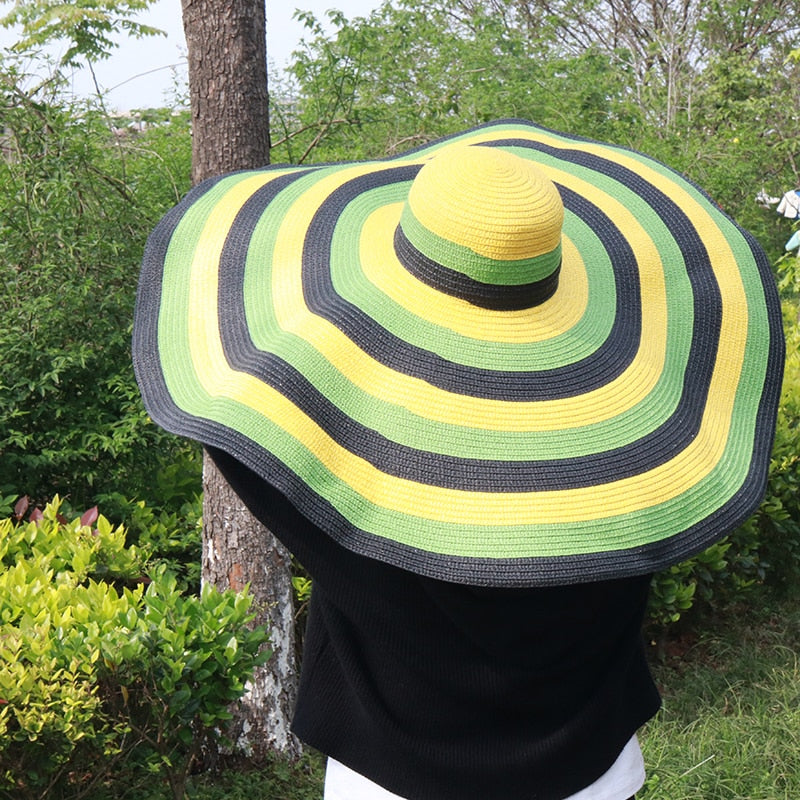 Boho Hat, Sun Hat, Beach Hat, Extra Large Wide Brim, Straw Hat, Jamaika Green Yellow (Soft, 25 cm)