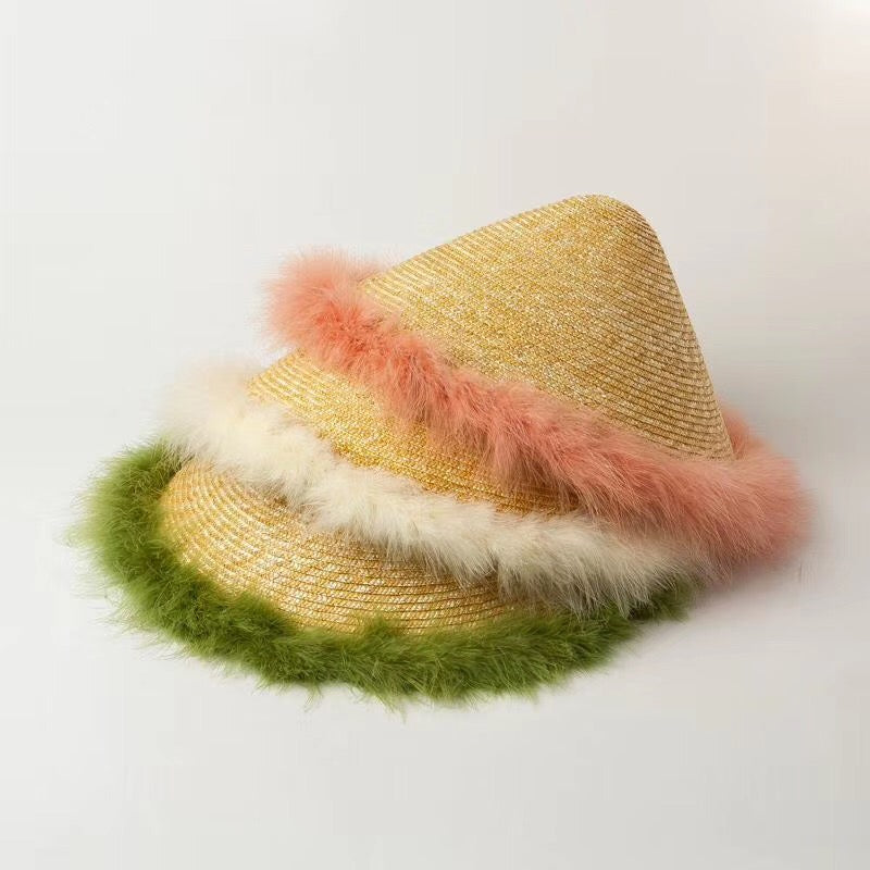 Boho Hat, Sun Beach Hat, Vintage Straw Hat with Feather Everly