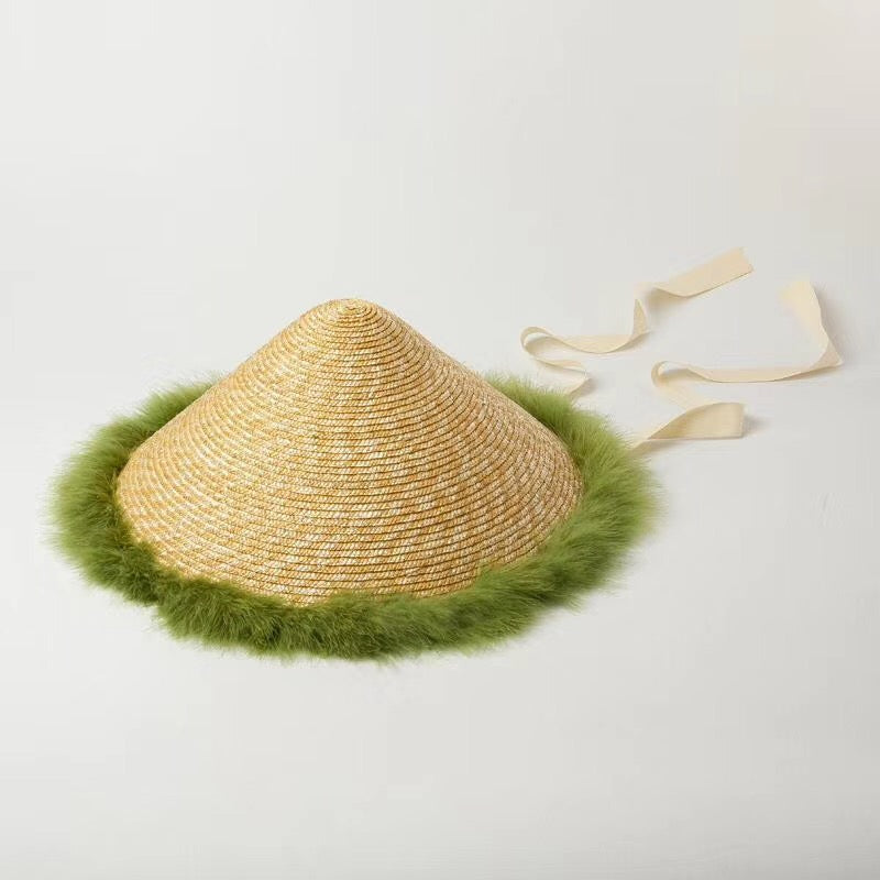 Boho Hat, Sun Beach Hat, Vintage Straw Hat with Feather Everly