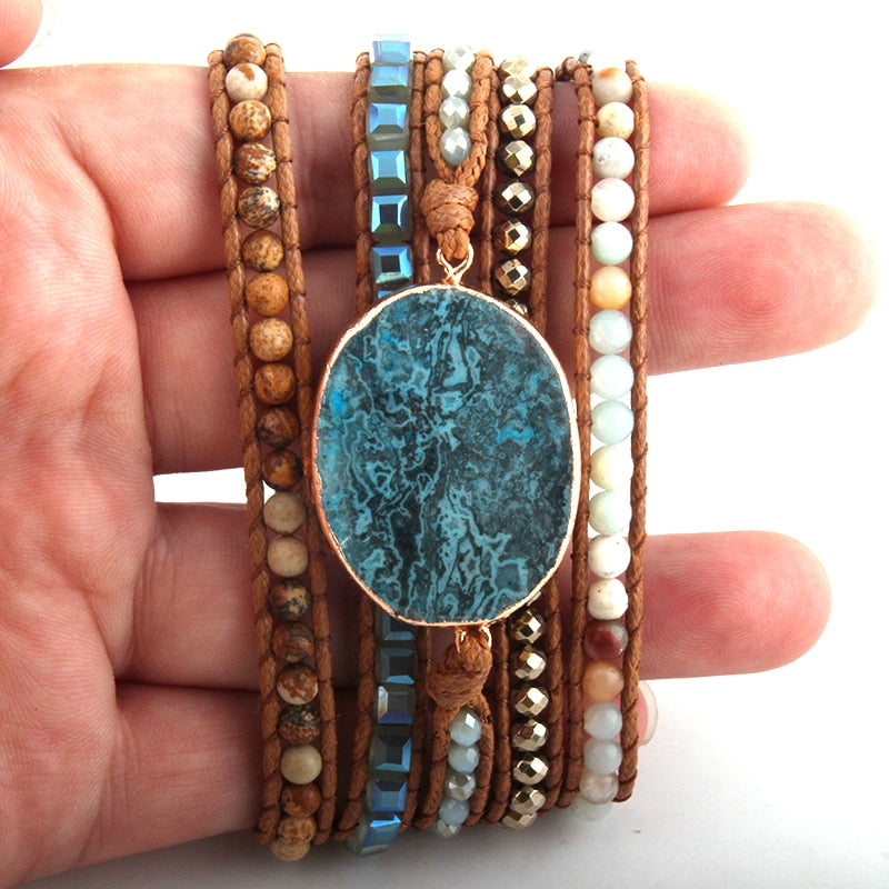 Boho Bracelet, RH 5 Layers Leather Wrap Bracelet, Natural Stones, Blue Ocean