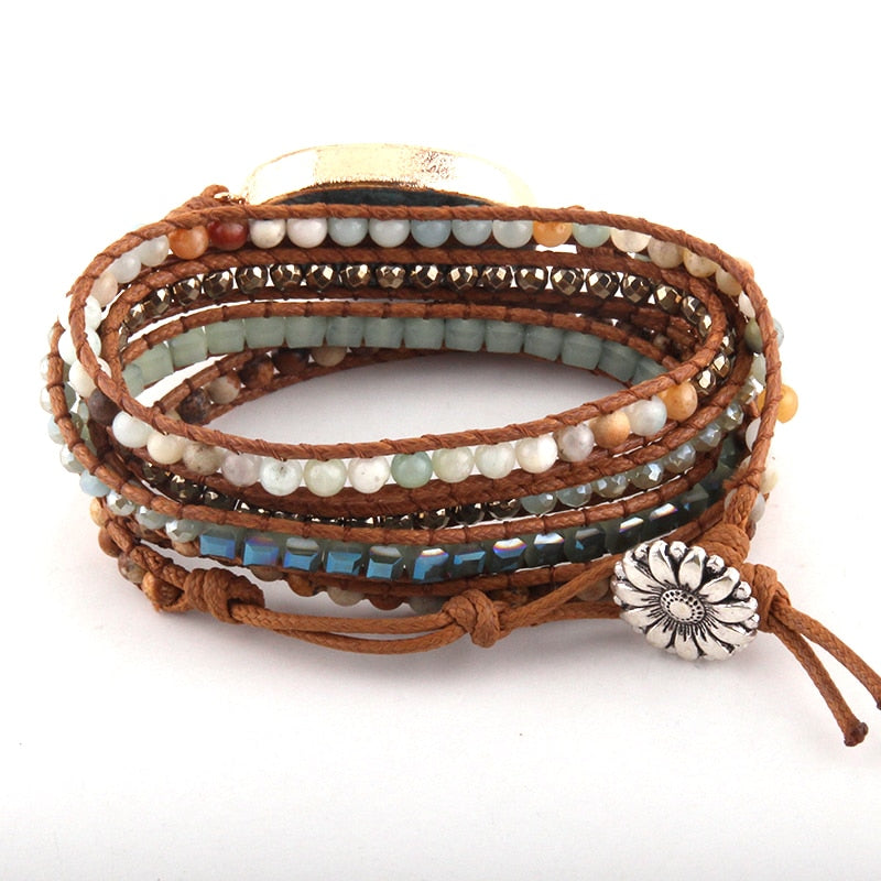 Boho Bracelet, RH 5 Layers Leather Wrap Bracelet, Natural Stones, Blue Ocean