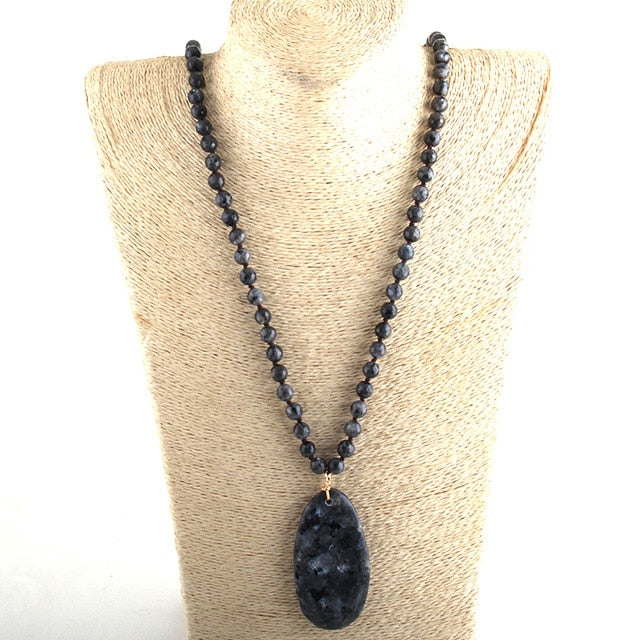 Boho Necklace, RH Rose Quart Amazonite, Oval Blue White Black Natural Stone