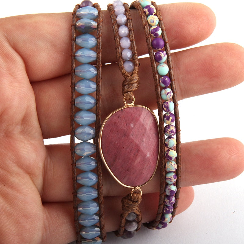 Boho Bracelet, RH 5 Layers Leather Wrap Bracelet,  Mixed Natural Stones & Crystal Stone Blue and Purple