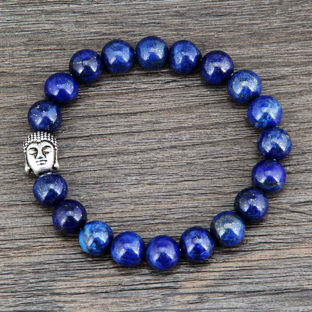 Boho Bracelet, Stretchy Bracelet, 8MM Blue Lapis Luzuli Antique Buddha