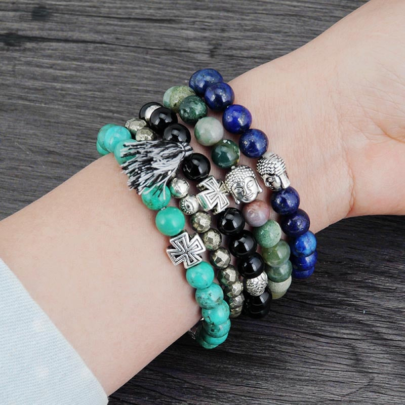 Boho Bracelet, Stretchy Bracelet, 8MM Blue Lapis Luzuli Antique Buddha