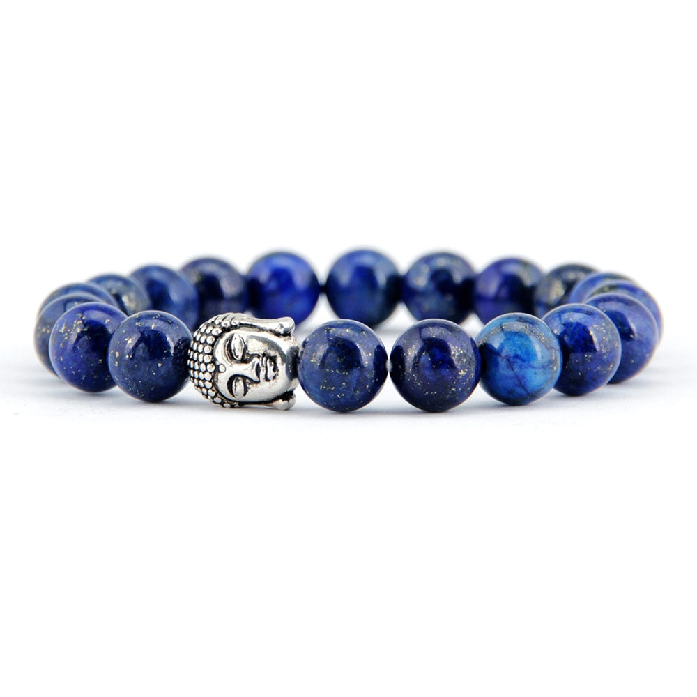 Boho Bracelet, Stretchy Bracelet, 8MM Blue Lapis Luzuli Antique Buddha