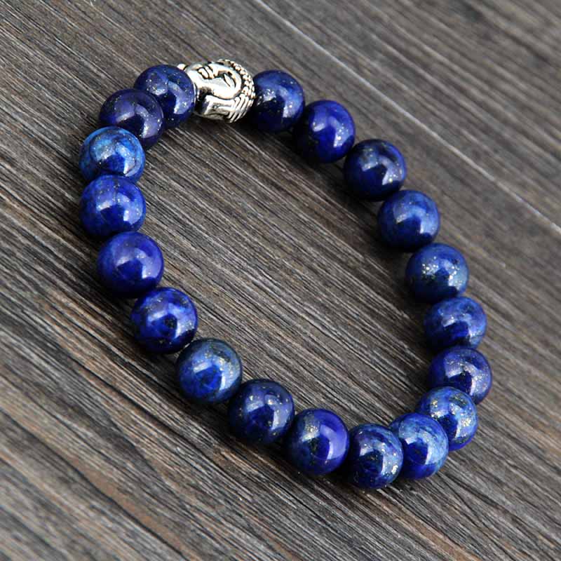 Boho Bracelet, Stretchy Bracelet, 8MM Blue Lapis Luzuli Antique Buddha