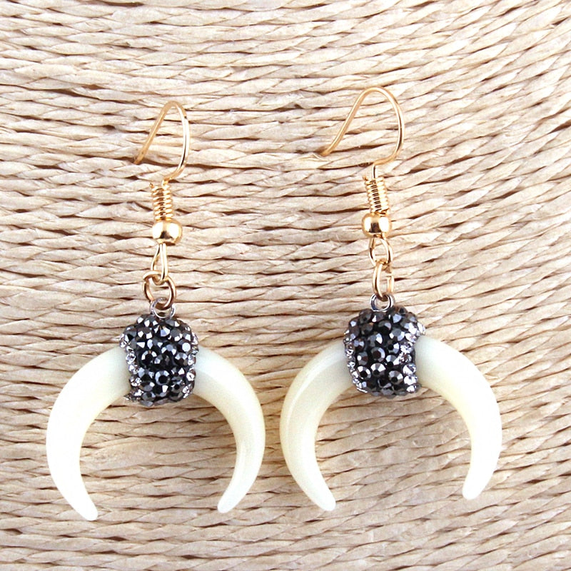 Boho Earrings, RH Dangle Earrings, White Horn Moon