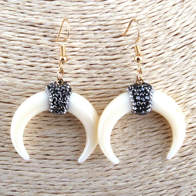 Boho Earrings, RH Dangle Earrings, White Horn Moon