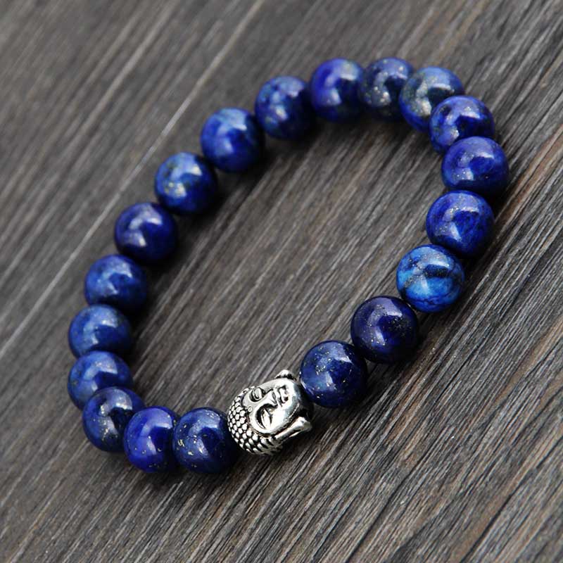 Boho Bracelet, Stretchy Bracelet, 8MM Blue Lapis Luzuli Antique Buddha