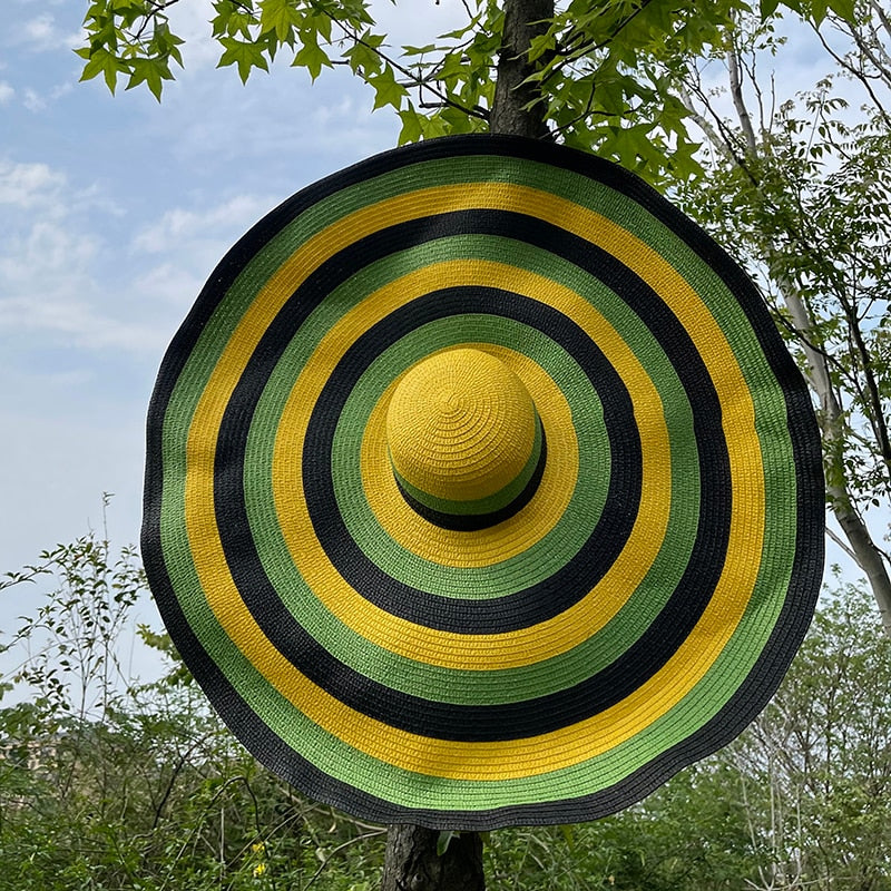 Boho Hat, Sun Hat, Beach Hat, Extra Large Wide Brim, Straw Hat, Jamaika Green Yellow (Soft, 25 cm)