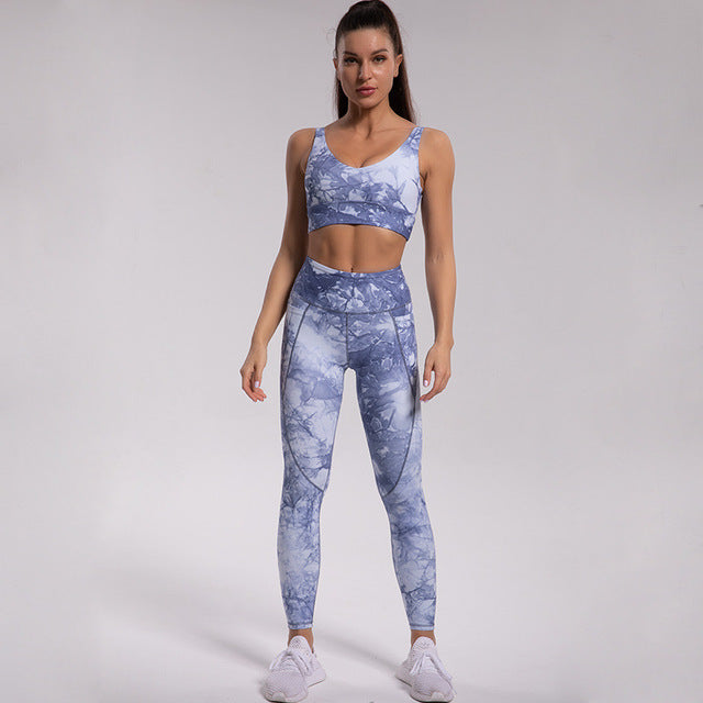 Yoga Set, Yoga Legging, Printed Workout Set Top and Legging,Naomi Tie Dye in Blue