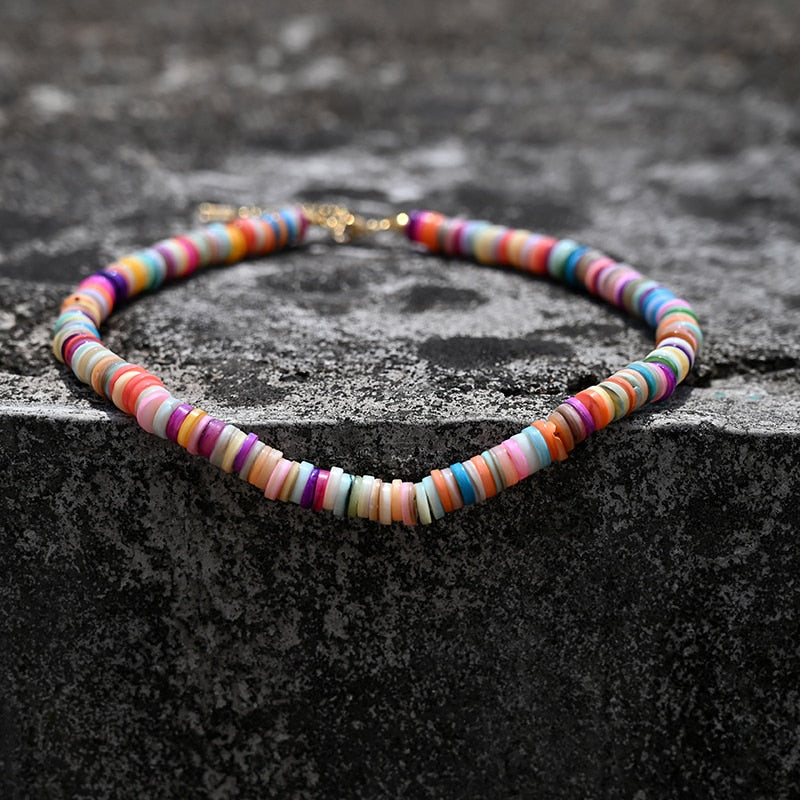 Boho Necklace, Seed Bead Choker, Colorful Shell