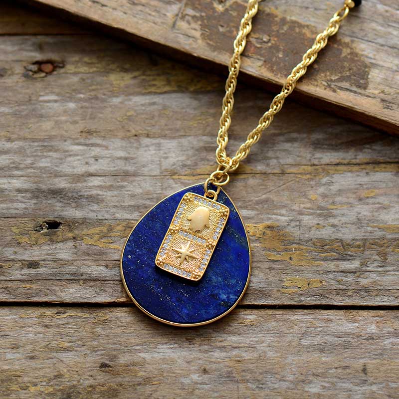 Boho Necklace, Teardrop Lapis Luzuli Gold Chain Onyx Pendant