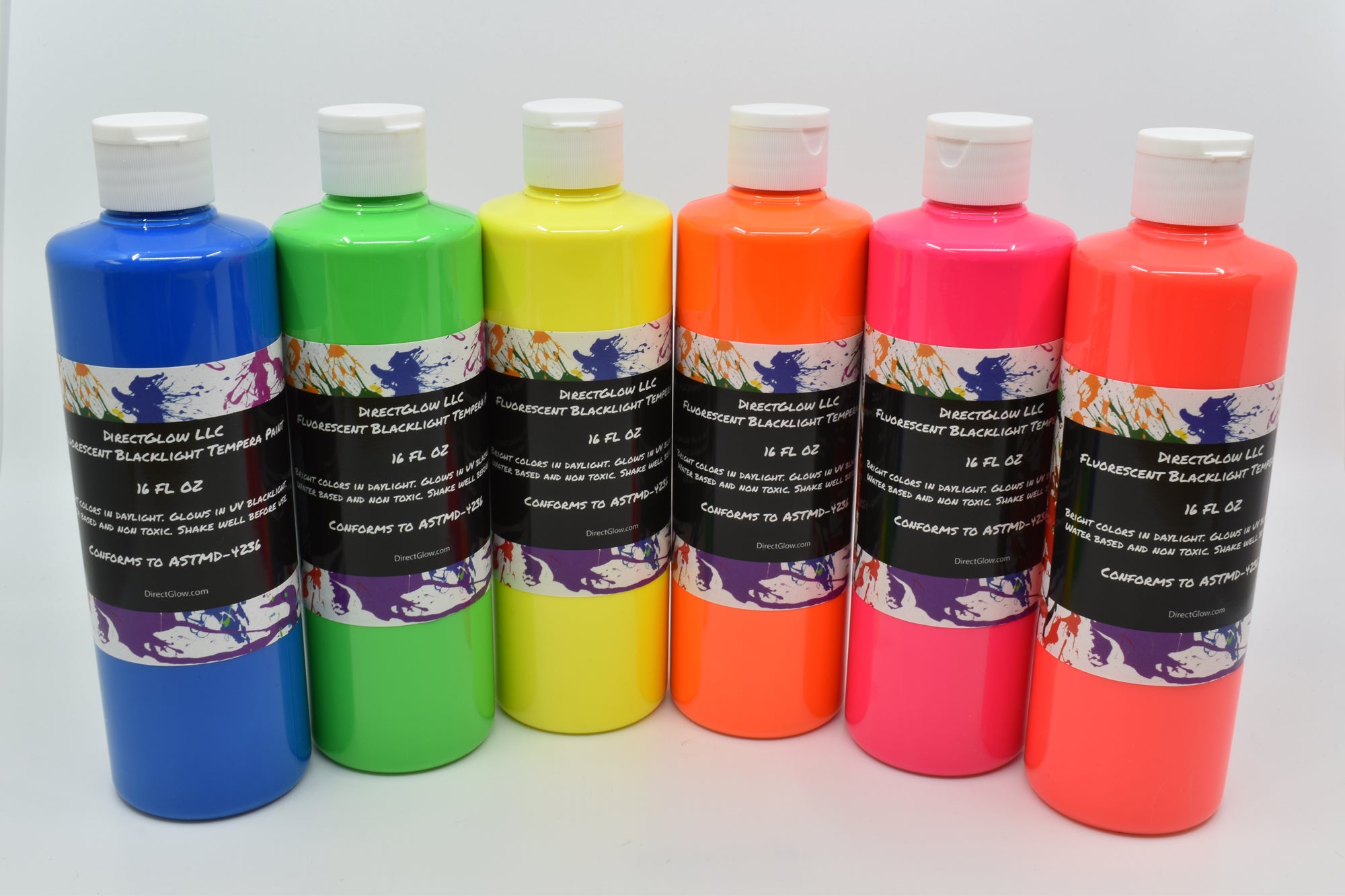 Blacklight Reactive Fluorescent Tempera Glow Party Paint 6 Pack 16 Ounce Bottles