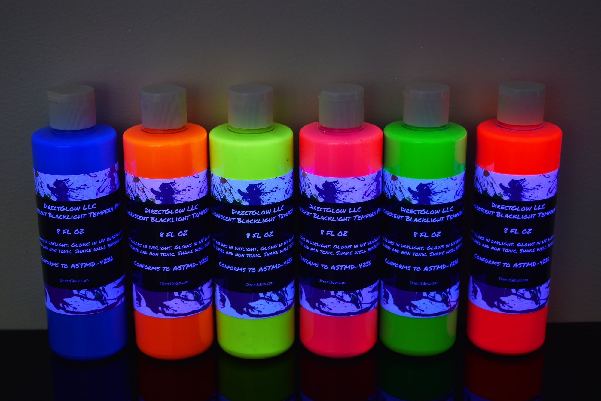 Blacklight Reactive Fluorescent Tempera Glow Party Paint 6 Pack 8 Ounce Bottles