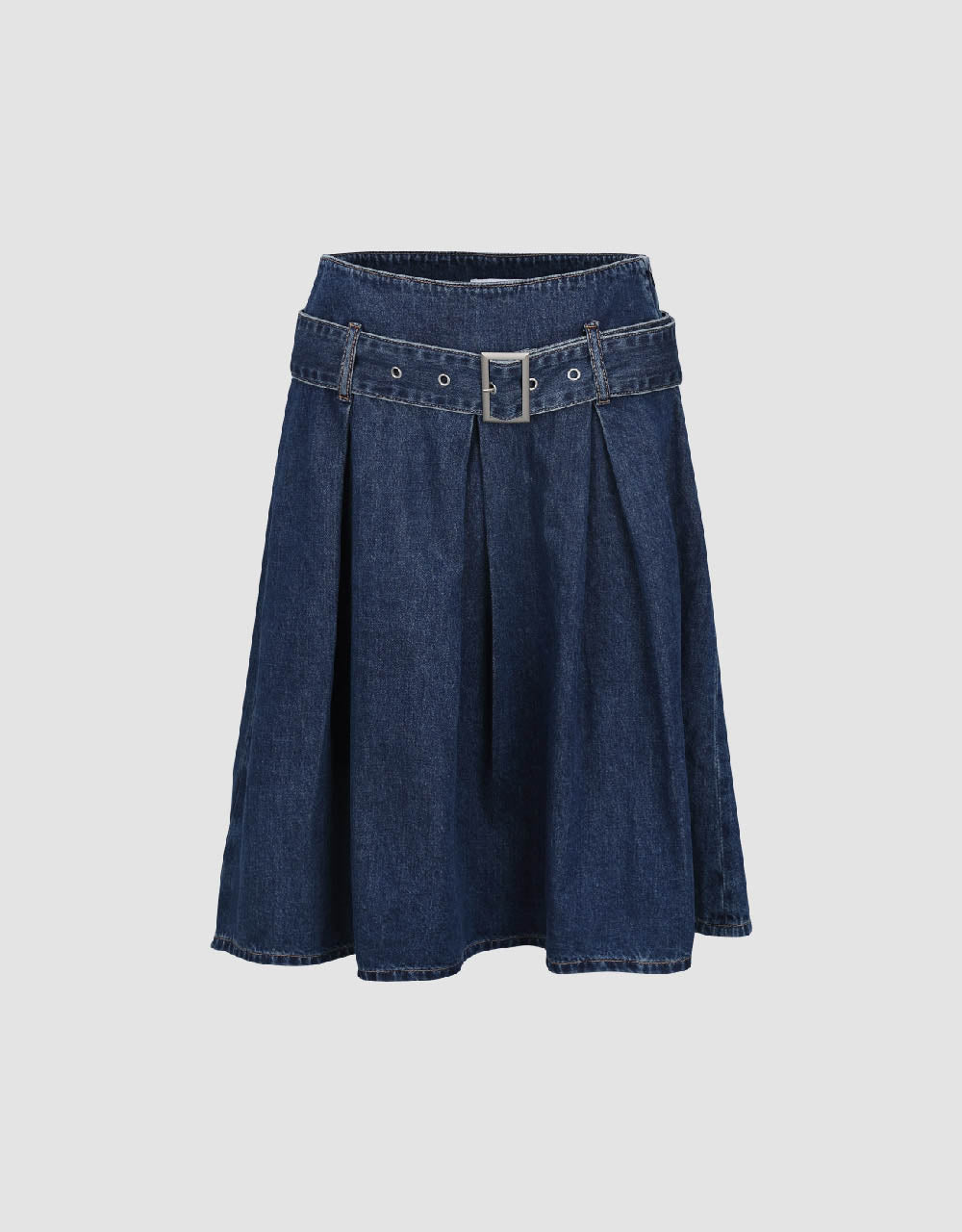 Pleated Midi A-Line Denim Skirt