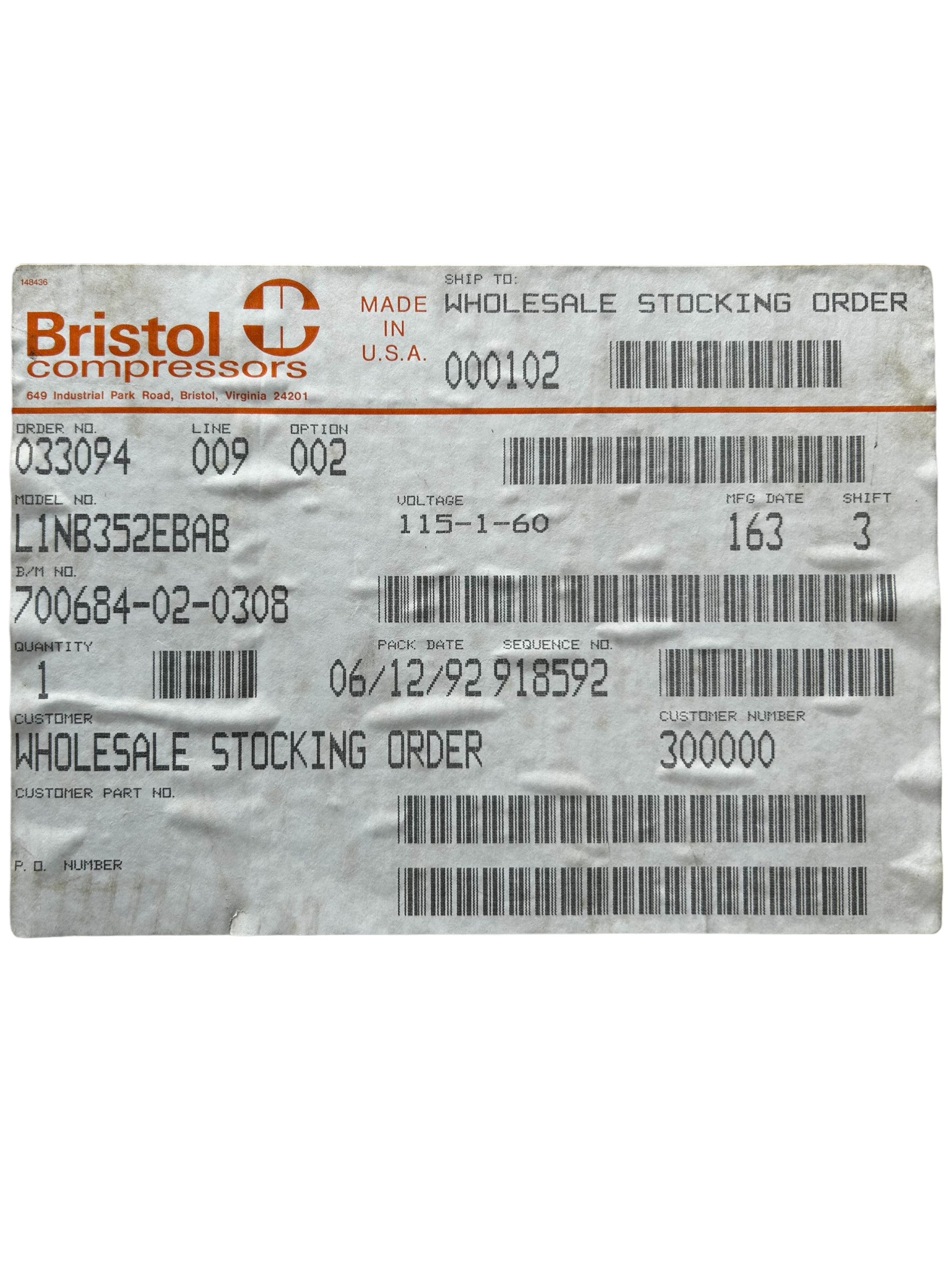 BRISTOL, L1NB352EBAB, R12, 115V, 3500BTU Compressor - NEW IN BOX