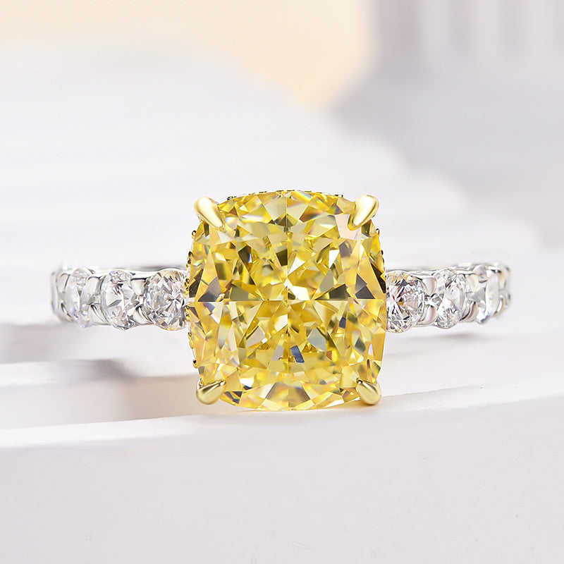 Two-tone Cushion Cut Yellow Gemstone Engagement Ring In Sterling Silver