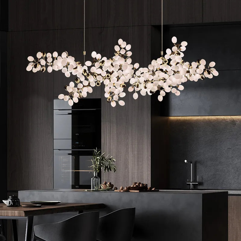 IDEA(HK) LIGHTING - Zygote High-quality white glass cluster chandelier. Organic-inspired design paired with luxury materials. Perfect for dining rooms, living areas, entrance halls, hotel areas, restaurants, etc.  White glass clusters with base frame in French gold color or Raw copper.