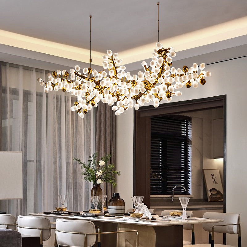 IDEA(HK) LIGHTING - Zygote High-quality white glass cluster chandelier. Organic-inspired design paired with luxury materials. Perfect for dining rooms, living areas, entrance halls, hotel areas, restaurants, etc.  White glass clusters with base frame in French gold color or Raw copper.