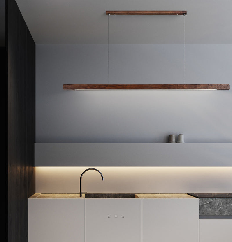 IDEA(HK) LIGHTING - Lindö - Modern long hanging dining room pendant light ala Nordic style. Will also make a good fit for office areas, restaurants and bars. Pine wood or black walnut Use the included remote to change color temperature between cold, neutral and warm light.