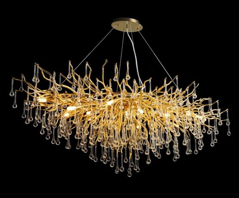 IDEA(HK) LIGHTING - ooze - "-What on earth is that majestic being hanging from the ceiling?"  Majestic crystal chandelier. Unique lighting for dining rooms, living areas, entrance halls, hotel areas, restaurants, etc.    K9 crystals with silver/gold metal plated aluminum frame. - A work of art.  2 sizes - 2 colors L120cm: L120xW50xH35cm, 12-25m2 L160cm: L160xW55xH35cm, 16kg, 15-30m2