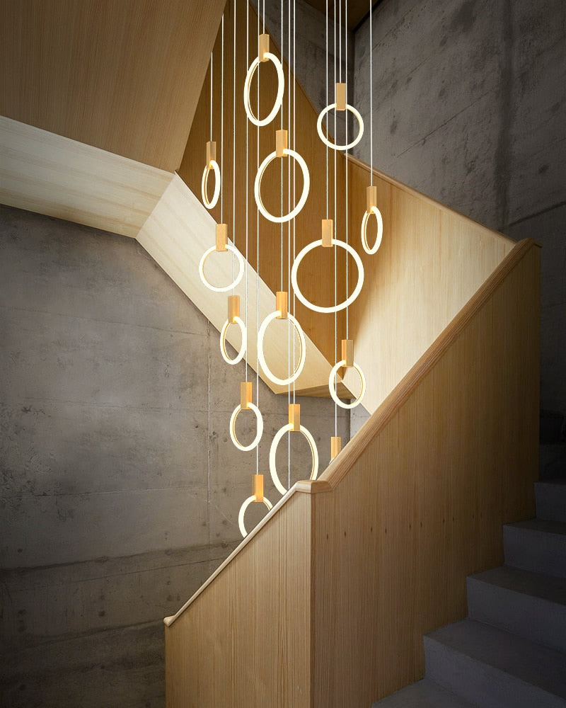 IDEA(HK) LIGHTING - Halo (alu) - Modern hanging stair LED chandelier. Perfect for creating a mood in any corner or in a stair. Aluminum/acrylic rings. Specifications Light Source LED Bulbs Base Type 2G11 Is Bulbs Included Dimmable Switch Type Power Source AC, 110-240V Lighting Area Coverage Installation Type Semiflush Mount Body Material Aluminum, Acrylic Warranty 2 years Certification CCC, CE, CQC, FCC, GS, LVD, PSE, ROHS, SAA, UL