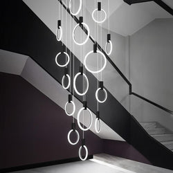 IDEA(HK) LIGHTING - Halo (alu) - Modern hanging stair LED chandelier. Perfect for creating a mood in any corner or in a stair. Aluminum/acrylic rings. Specifications Light Source LED Bulbs Base Type 2G11 Is Bulbs Included Dimmable Switch Type Power Source AC, 110-240V Lighting Area Coverage Installation Type Semiflush Mount Body Material Aluminum, Acrylic Warranty 2 years Certification CCC, CE, CQC, FCC, GS, LVD, PSE, ROHS, SAA, UL