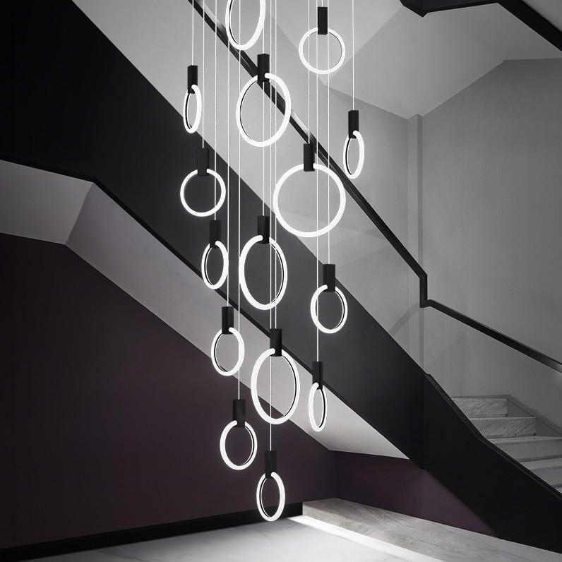 IDEA(HK) LIGHTING - Halo (alu) - Modern hanging stair LED chandelier. Perfect for creating a mood in any corner or in a stair. Aluminum/acrylic rings. Specifications Light Source LED Bulbs Base Type 2G11 Is Bulbs Included Dimmable Switch Type Power Source AC, 110-240V Lighting Area Coverage Installation Type Semiflush Mount Body Material Aluminum, Acrylic Warranty 2 years Certification CCC, CE, CQC, FCC, GS, LVD, PSE, ROHS, SAA, UL