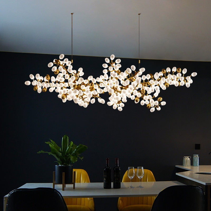 IDEA(HK) LIGHTING - Zygote High-quality white glass cluster chandelier. Organic-inspired design paired with luxury materials. Perfect for dining rooms, living areas, entrance halls, hotel areas, restaurants, etc.  White glass clusters with base frame in French gold color or Raw copper.