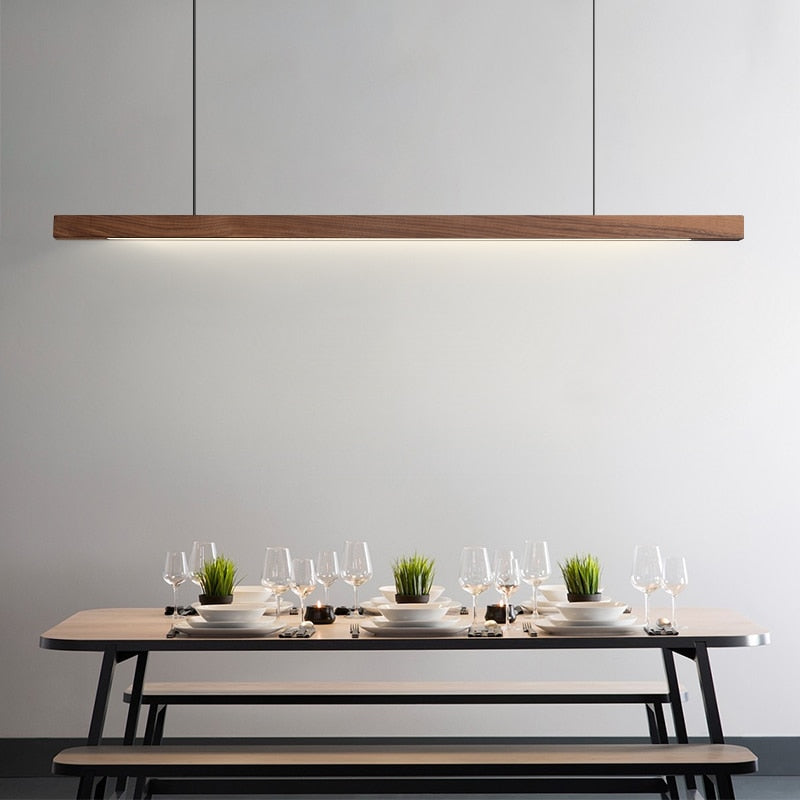 IDEA(HK) LIGHTING - Lindö - Modern long hanging dining room pendant light ala Nordic style. Will also make a good fit for office areas, restaurants and bars. Pine wood or black walnut Use the included remote to change color temperature between cold, neutral and warm light.