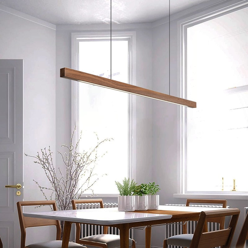 IDEA(HK) LIGHTING - Lindö - Modern long hanging dining room pendant light ala Nordic style. Will also make a good fit for office areas, restaurants and bars. Pine wood or black walnut Use the included remote to change color temperature between cold, neutral and warm light.