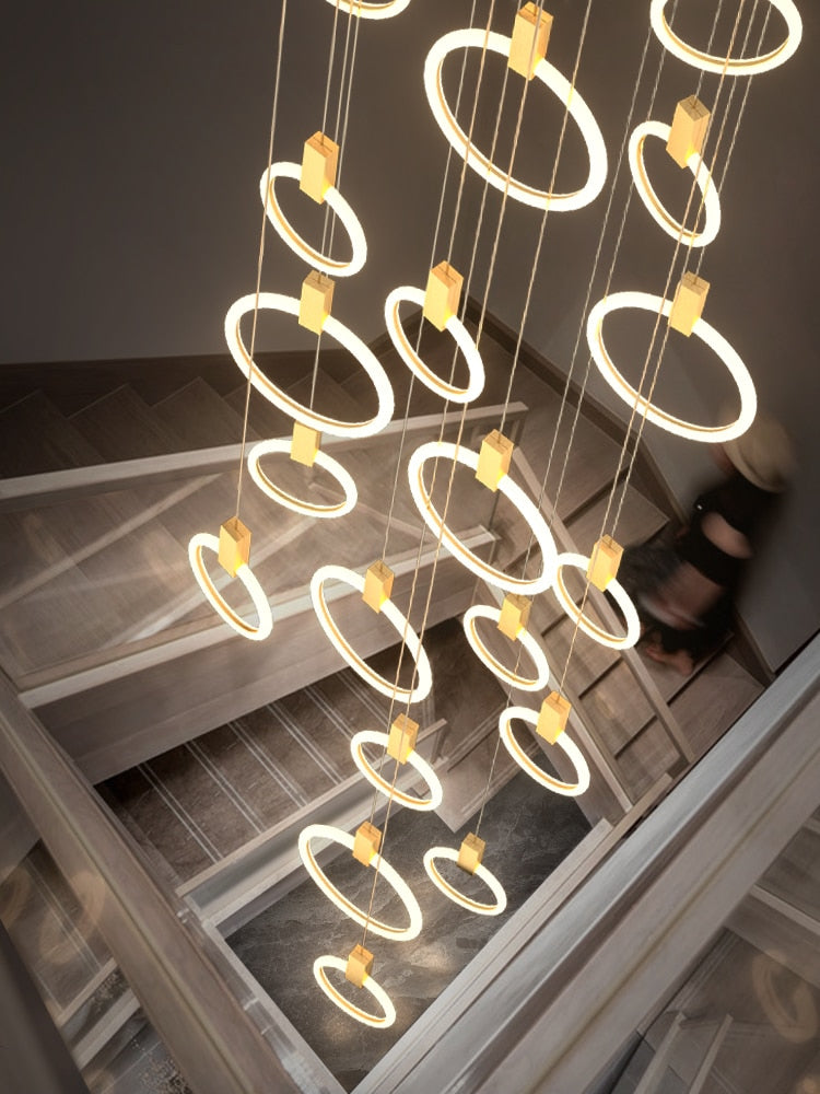 IDEA(HK) LIGHTING - Halo (alu) - Modern hanging stair LED chandelier. Perfect for creating a mood in any corner or in a stair. Aluminum/acrylic rings. Specifications Light Source LED Bulbs Base Type 2G11 Is Bulbs Included Dimmable Switch Type Power Source AC, 110-240V Lighting Area Coverage Installation Type Semiflush Mount Body Material Aluminum, Acrylic Warranty 2 years Certification CCC, CE, CQC, FCC, GS, LVD, PSE, ROHS, SAA, UL