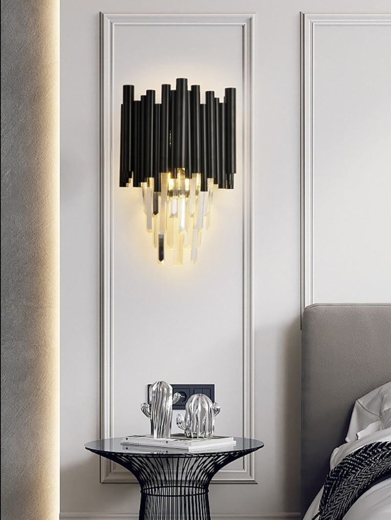 IDEA(HK) LIGHTING - Majestic (wall) - Modern Black Wall lamp for Living Room Bedroom Luxury Home Decor Wall sconce Lighting Fixture Bedside Crystal Wall Light. Luxurious crystal wall lighting. Black painted metal framework combined with high-grade K9 crystals and modern LED light sources. A modern heart encapsulated in a luxurious classic design. Perfect for refining dining rooms, living areas, hallways, entrance halls, etc. 