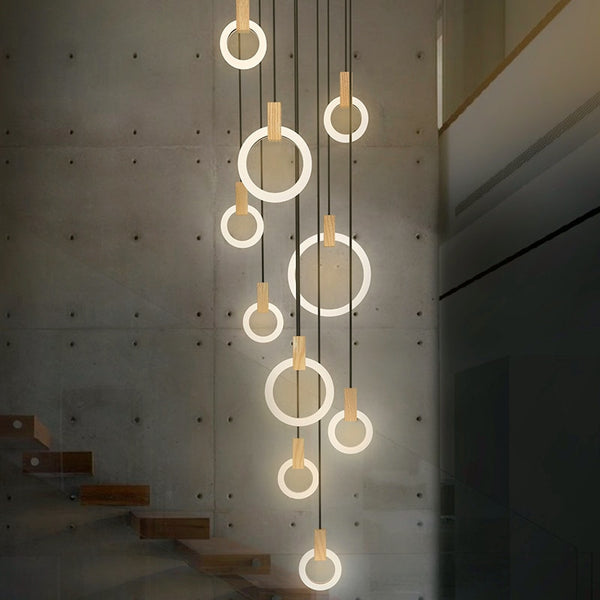 IDEA(HK) LIGHTING - Halo - Modern hanging stair LED chandelier. Perfect for creating a mood in any corner or in a stair. Aluminum/acrylic rings. Specifications Light Source LED Bulbs Base Type 2G11 Is Bulbs Included Dimmable Switch Type Power Source AC, 110-240V Lighting Area Coverage Installation Type Semiflush Mount Body Material Acrylic Warranty 2 years Certification CCC, CE, CQC, FCC, GS, LVD, PSE, ROHS, SAA, UL