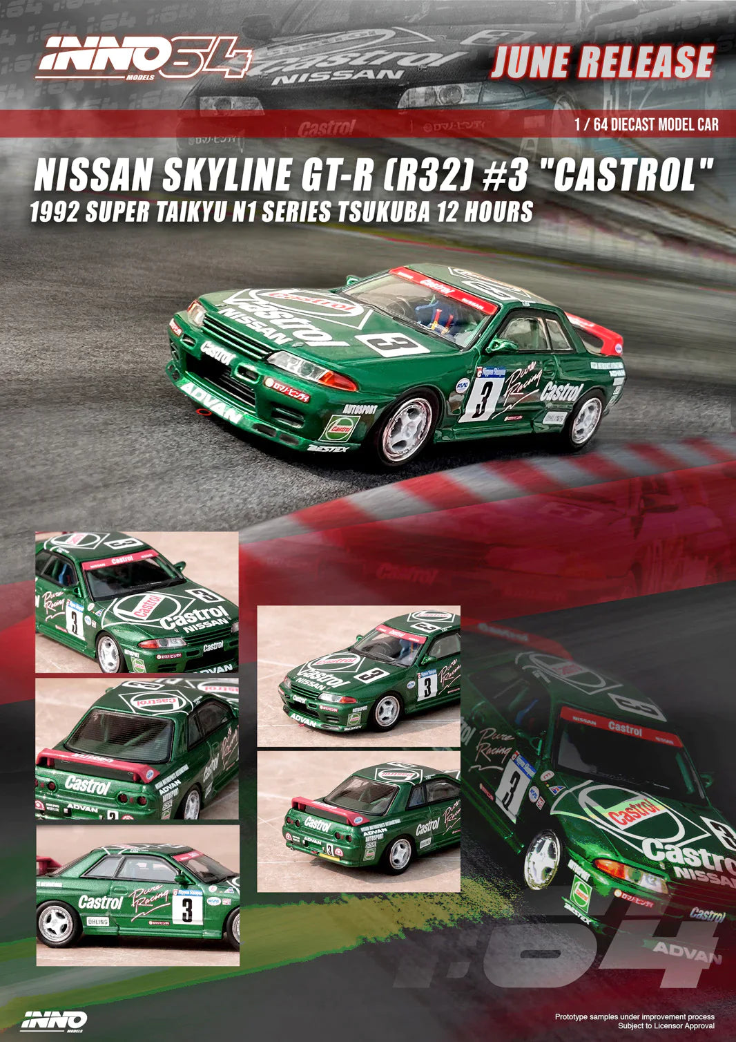 Inno64 1/64 nissan Skyline GT-R (R32) #3 Castrol Super Taikyu N1 Series Tsukuba 12 Hours 1992 Green - Damaged Box