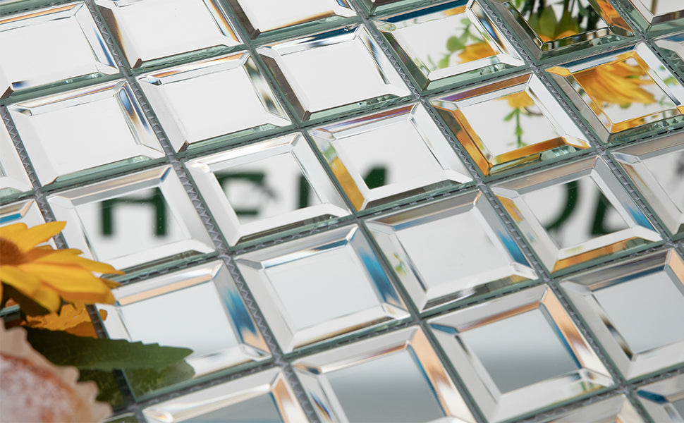 Adedeo Crystal Diamond Mosaic Tile Square Mirror Glass Mosaic Tile for  Kitchen Backsplash Bathroom Wall (6 Sheets, Silver Square Flat Mirror)