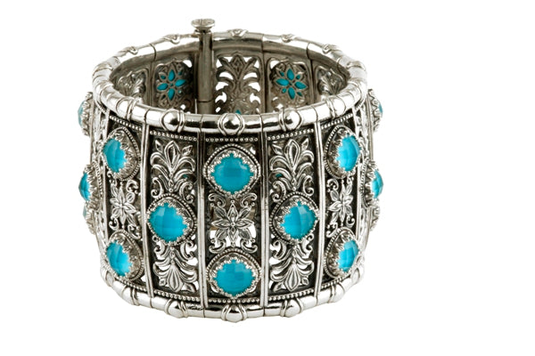 KONSTANTINO STERLING SILVER AND ROCK CRYSTAL TURQUOISE DUBLET STONE CUFF BRACELET FROM THE AEGEAN CO