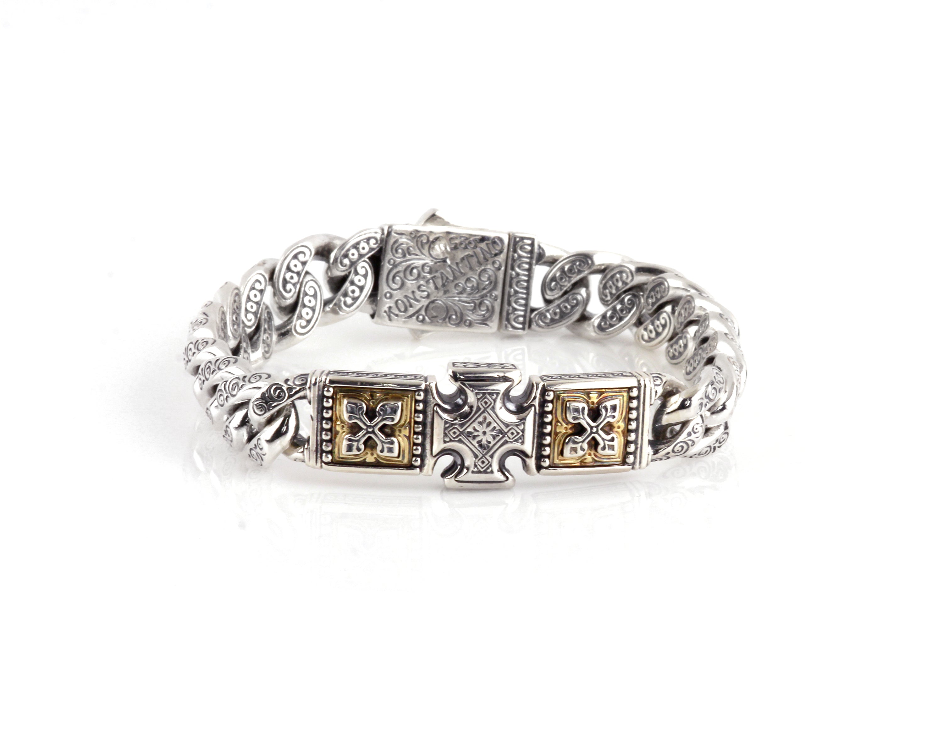 KONSTANTINO STERLING SILVER & BRONZE 4-POINT SQUARE DETAIL CROSS BRACELET FROM THE PHIDIAS COLLECTIO