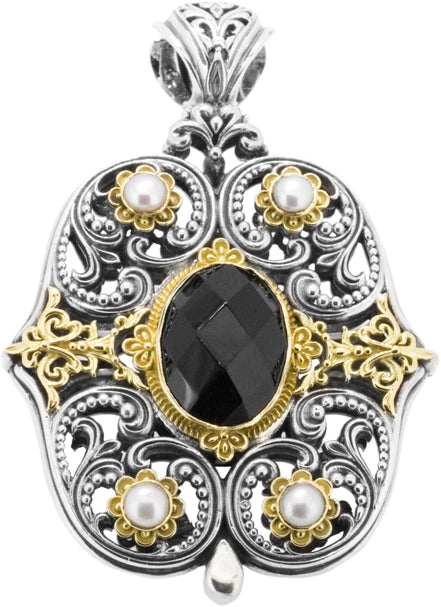 KONSTANTINO STERLING SILVER & 18K FACETED ONYX & PEARL GOLD PENDANT FROM THE ARSINOE COLLECTION