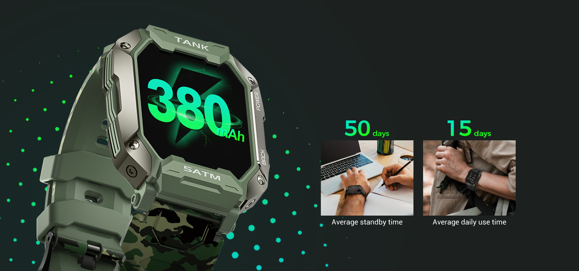 KOSPET TANK M1 Rugged Smartwatch, 380mAh Battery, 50days long standby