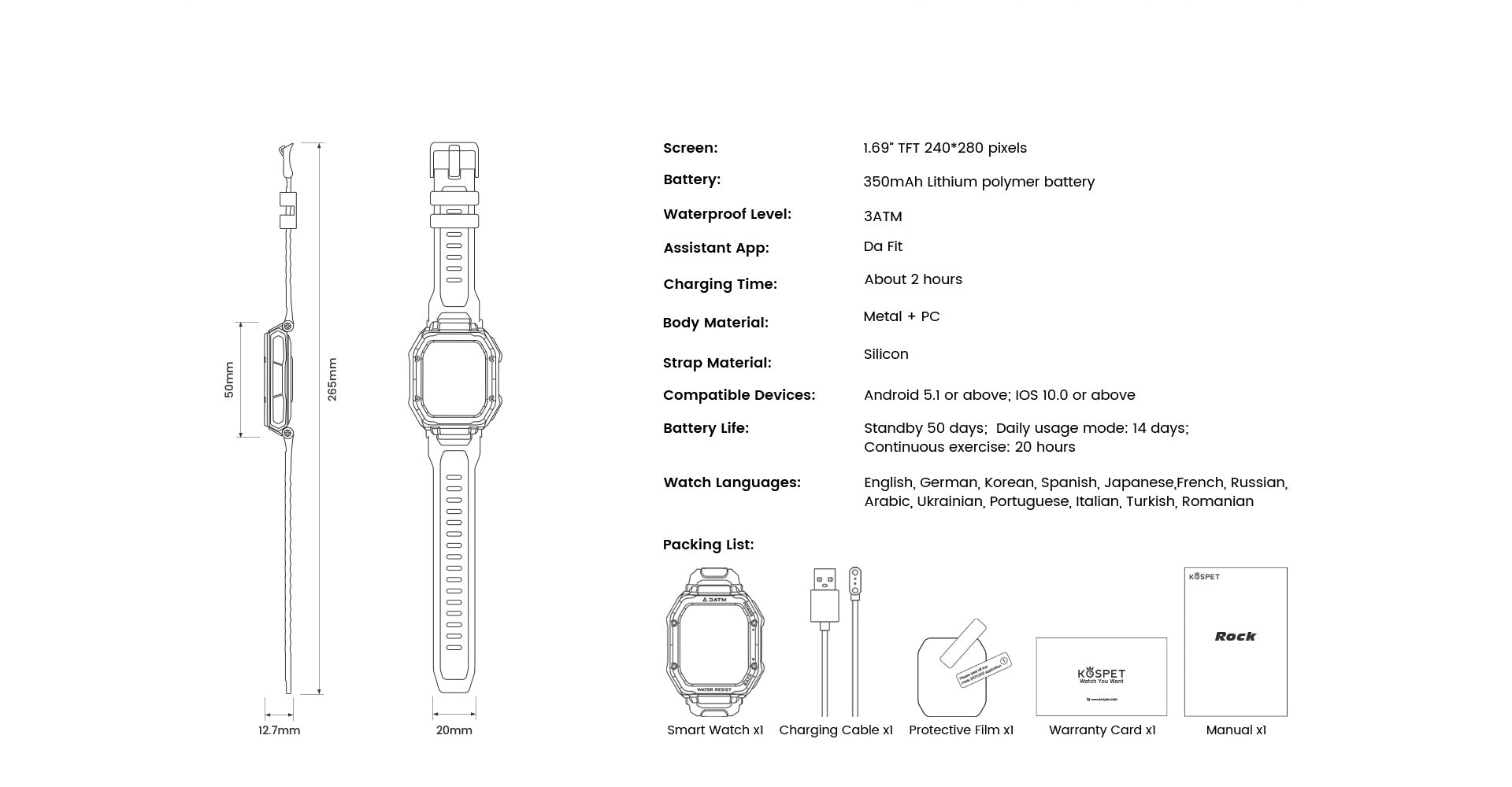 SPECIFICATIONS of KOSPET ROCK Rugged Smartwatch